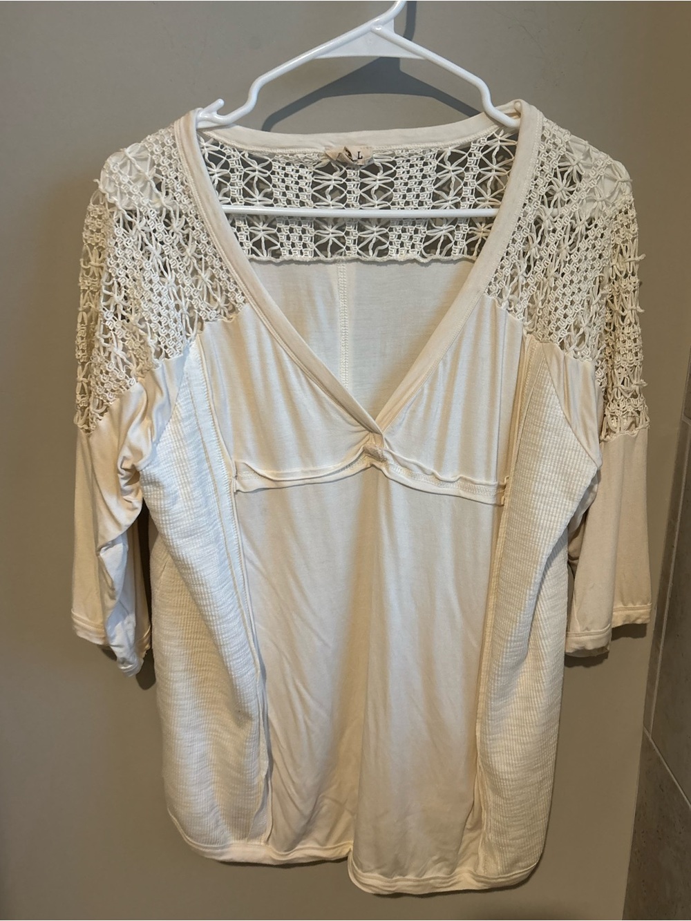 POL Cream Crochet Shoulder V-Neck Tunic
